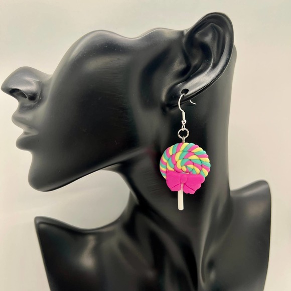 Rainbow Swirl Lollipop Sucker Earrings - Pink Bow with Pastel Rainbow - Picture 6 of 6